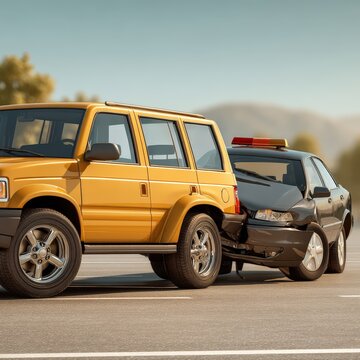 A yellow SUV has collided with the rear of a black sedan on an asphalt road on a sunny day, resulting in damage to both vehicles and requi repair services.