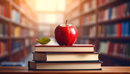Stack of books with a red apple on top in a library setting.