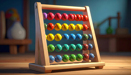 Colorful wooden abacus on a wooden table indoors.