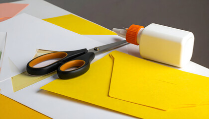 Crafting supplies including scissors and glue on colored paper.