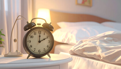 Classic alarm clock on bedside table in a cozy bedroom with soft morning light.