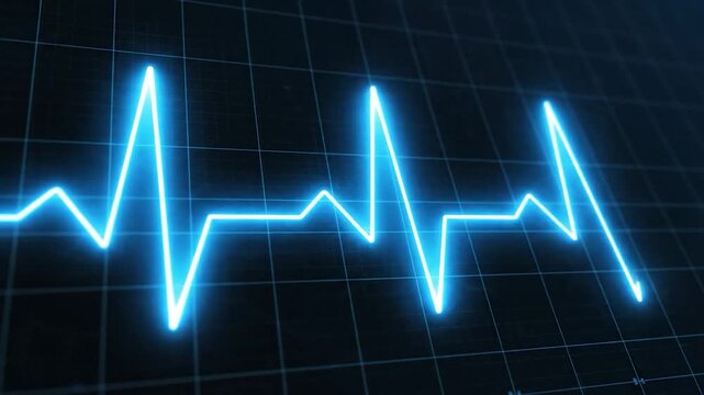 Glowing blue heartbeat line on a dark monitor grid background.