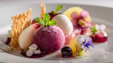 A colorful dessert plate with ice cream, fruit, and garnishes on a white plate.