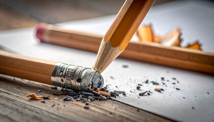 Pencil sharpening on a wooden desk with shavings.