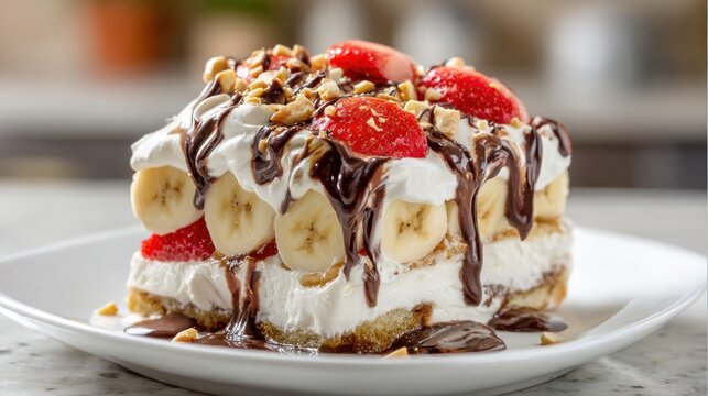 A slice of banana split ice cream with whipped cream, strawberries, and nuts on a white plate.