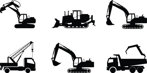 Construction Equipment Silhouettes Set with Excavators Bulldozer Crane and Dump Truck Vector Illustration Isolated on White Background for Heavy Machinery Design © Ziyarul