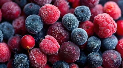 A close-up of a mix of frozen berries, including raspberries, blueberries, and cranberries, with a frosty texture.