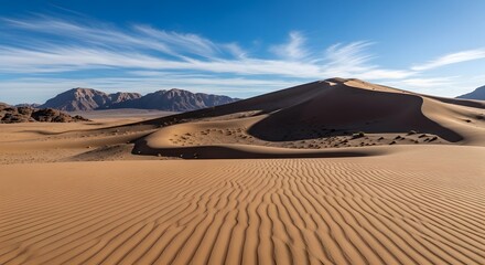 Tranquil desert scene with rolling sand dunes and majestic mountains. Perfect for travel brochures, nature magazines, and outdoor websites.