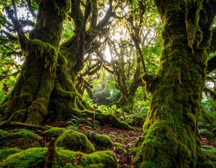 A lush forest with ancient, moss-covered trees and ferns