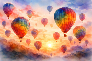 Fototapeta premium Watercolor hot air balloons soaring over a misty mountain valley at sunset