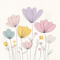 Delicate, whimsical line drawing of pastel-colored flowers with soft, abstract splashes of color
