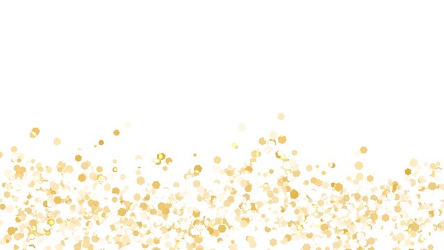 Scattered gold hexagonal glitter particles at bottom of white background, luxury golden dust floor overlay