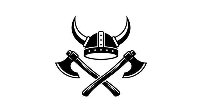 Black and white image Viking helmet with crossed axes d flat vector isolated white background