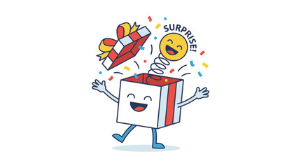 Fototapeta premium Surprise gift box mascot d flat vector isolated white background