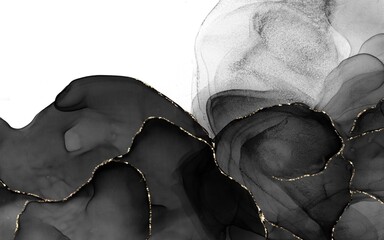 Luxury Black and Gold Alcohol Ink Abstract Background with Golden Veins