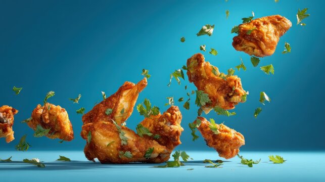 Flying chicken wings with parsley on a blue background.