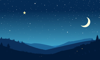 夜空と山のシルエット背景。星空、夕暮れ、幻想的な風景のベクターイラスト。