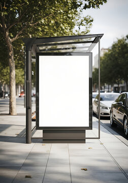 Blank advertising billboard at a bus stop on a sunny day with cars and trees in the background