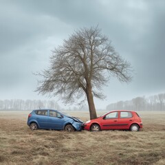 In a desolate field, a damaged blue car and a red car are pressed against a bare tree trunk after an accident on an overcast and foggy day, showing collision damage.