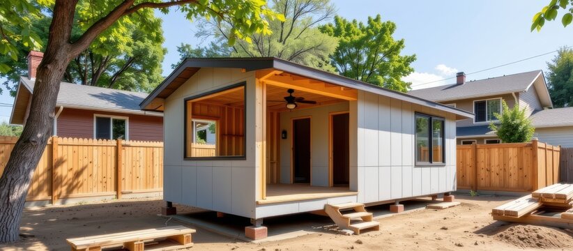 Accessory dwelling unit or ADU concept. Modern tiny house with wooden exterior in a backyard under clear sky surrounded by a wooden fence.