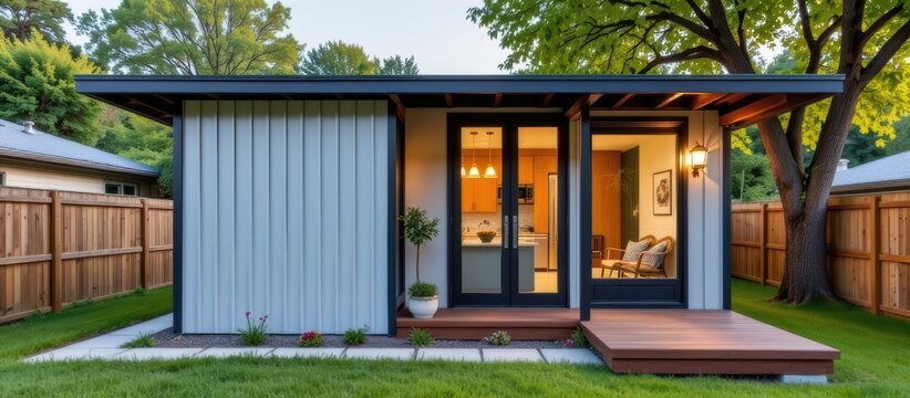 Accessory dwelling unit or ADU concept. Modern backyard studio with large glass doors, wood deck, and fenced yard under leafy trees