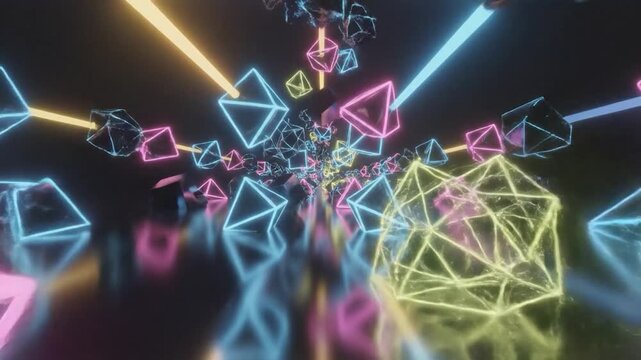 Abstract neon geometric shapes float and glow in a dark reflective space