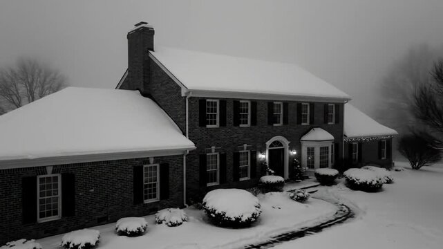 Black and white aerial view of a snow-covered traditional home during a winter storm