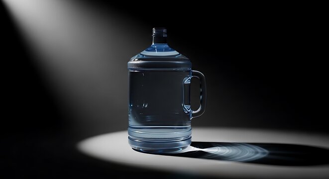 5 gallon jug clear glass water pitcher with condensation droplets against dark gradient background, refreshing hydration concept in dramatic studio lighting
