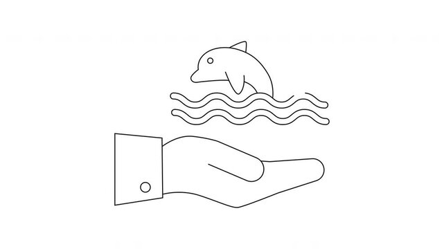 Dolphin Conservation - Hand Protecting Marine Life in Simple Line Art.