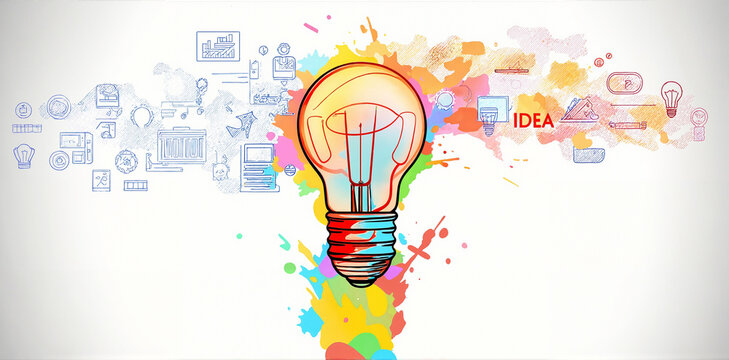 Big lightbulb drawing with circuit of network connection, graphs and financial analysis. Icons of communication and business process. 3d rendering