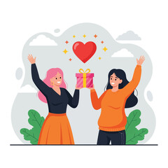 Two Happy Women Share a Gift Box of Love