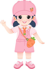 A smiling cartoon girl in pink overalls and hat holding a carrot bag, waving