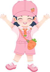 A young girl in pink outfit and hat holding a carrot bag, standing with arms raised in a joyful pose.