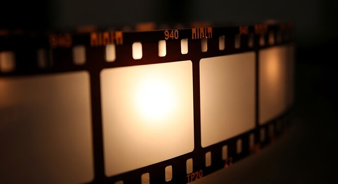 Capturing the essence A close-up view of a classic photographic film strip illuminated by a warm glow, evoking vintage cinema and nostalgic memories