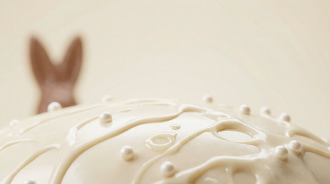 Photograph, close-up, creamy white cake, smooth texture, small white pearls scattered, intricate icing patterns, soft light, blurred brown bunny ears in background, minimalistic.