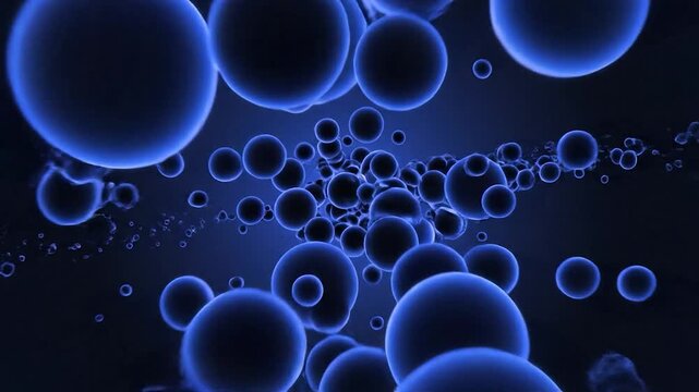 Abstract blue glowing spheres flowing dynamically across a dark background