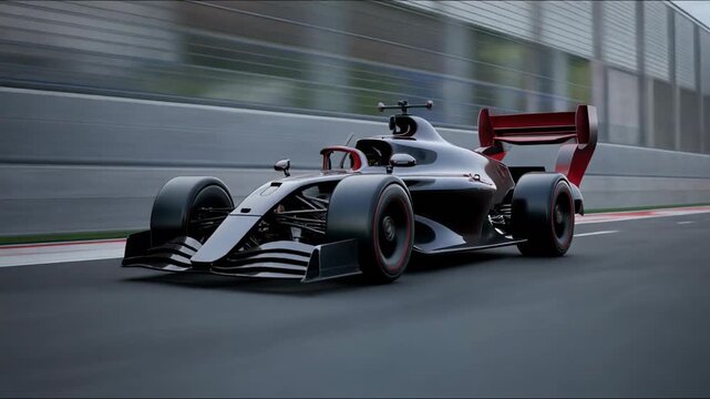 A sleek, dark racecar speeds down a track. It has a spoiler, red accents, and is blurred to show movement. The scene is outdoors
