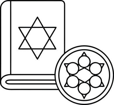siddur prayer book next to seder plate line art vector illustration on transparent background