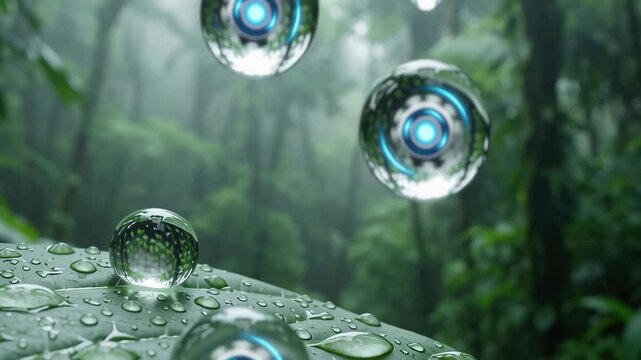 Startup seed technology growth nature bloom of futuristic seed spheres wet leaf with glowing tech