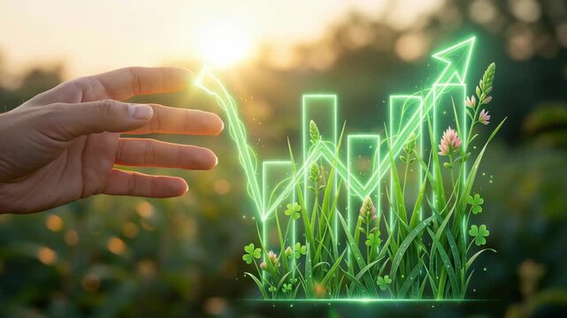 Startup seed technology growth nature plant green glowing chart of grass bars rising with nurturing