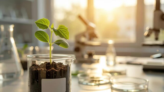 Startup seed technology growth nature plant seedling laboratory beaker soil sunlight nurturing