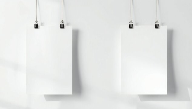 Two blank canvases hanging on a white wall with string and black pegs