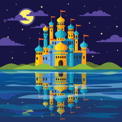 Magic Palace Reflected in Lake Under Moon