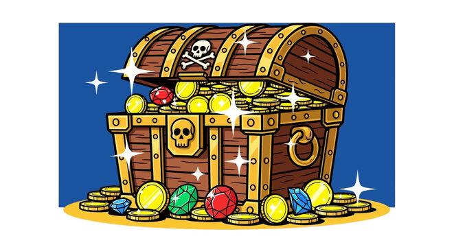 Open Treasure Chest Full of Gold Coins and Jewels, Pirate Symbol