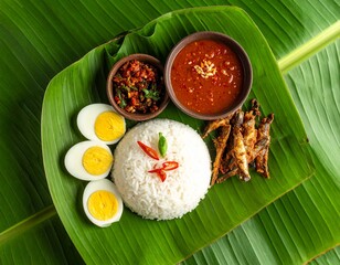 Tradisional Nasi Lemak Served on Banana Leaf 