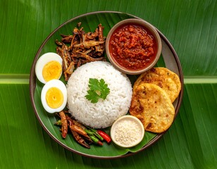 Tradisional Nasi Lemak Served on Banana Leaf 