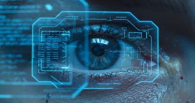 Close-up of eye with futuristic blue circuit board overlay.
