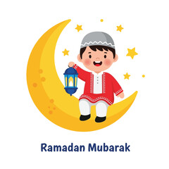Cute Boy Sitting on Moon Holding Lantern Ramadan Mubarak