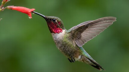 Fototapeta premium Close Up of a Hummingbird Hovering and Feeding on a Red Tubular Flower