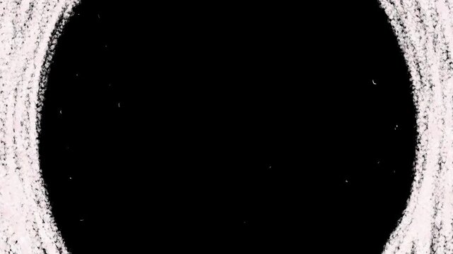 White grainy transition with circular suction on black screen. Shaking flakes rotate in dynamic 2D animation. Abstract stock video transition in 4K.